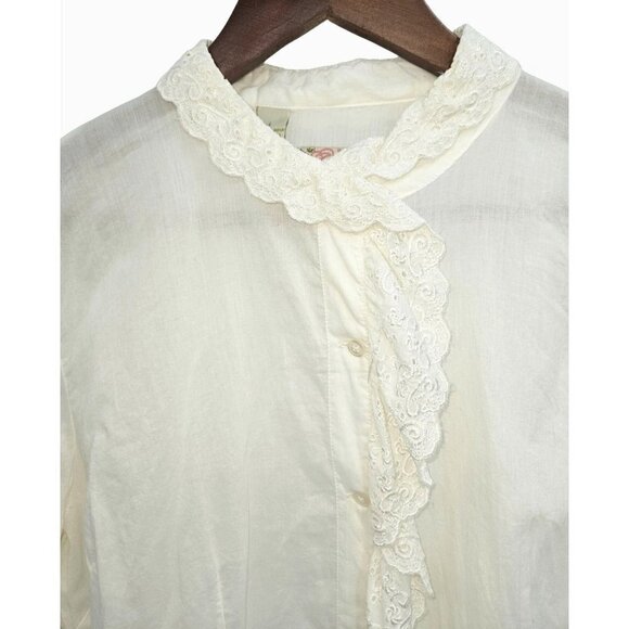 Vtg Drincy White Blouse Lace Trim Button Down Womens Sz L 8 10 Prairie Cottage - Picture 1 of 11